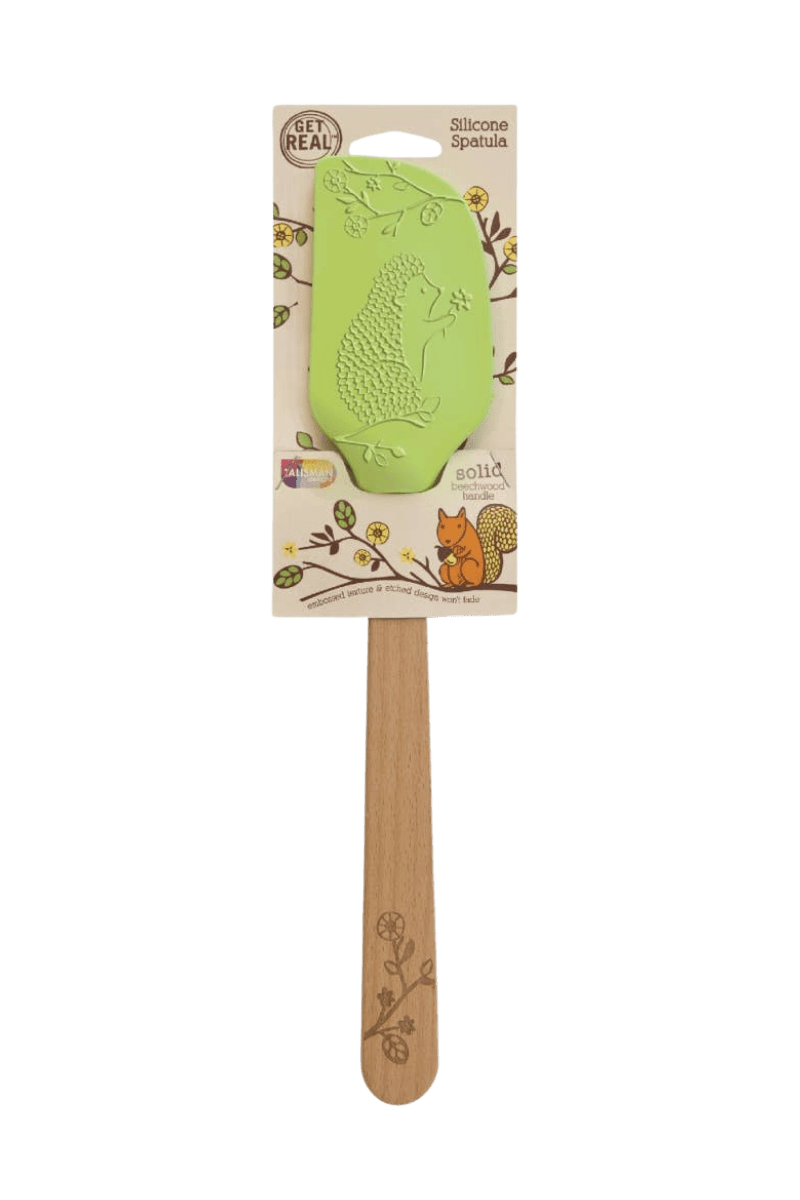 Silicone spatula with wooden handle and packaging on a white background