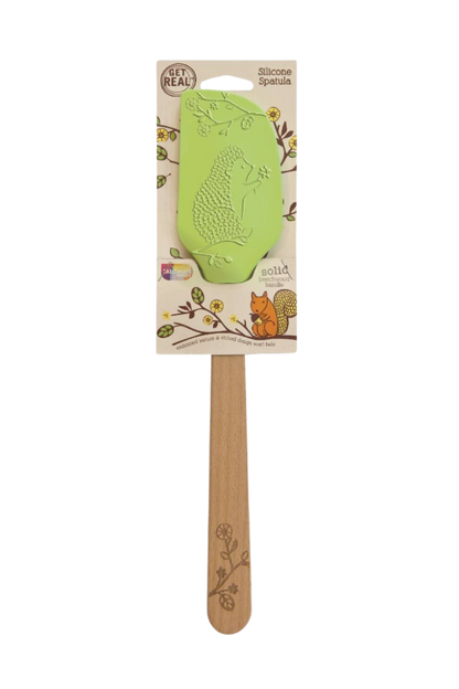 Silicone spatula with wooden handle and packaging on a white background