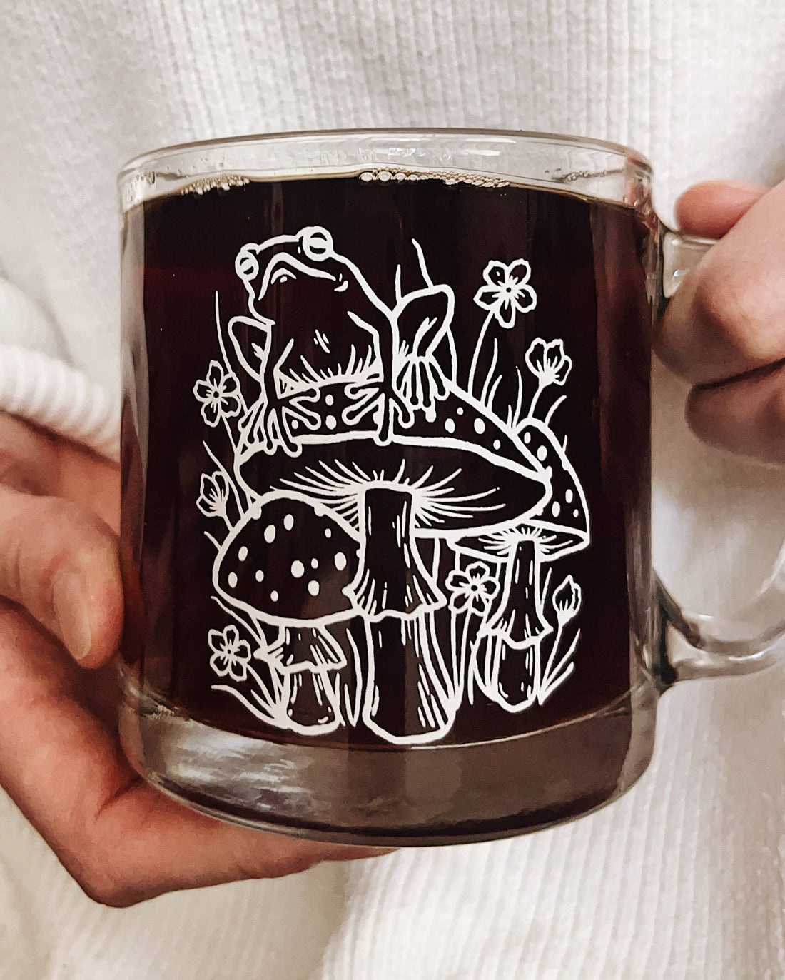 Frog on Mushroom Glass Mug