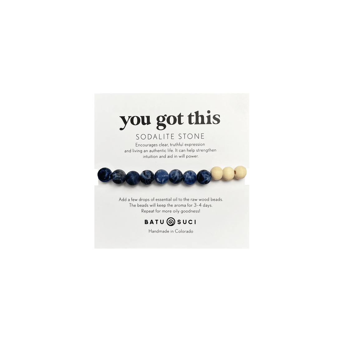 Beaded bracelet with sodalite stone on a white card with &