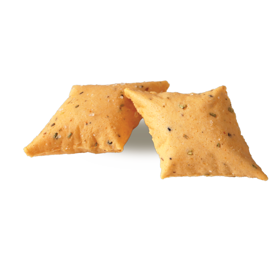 Two square golden-brown crackers with visible herb and spice flecks, arranged on a plain white background.