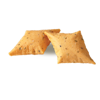Two square golden-brown crackers with visible herb and spice flecks, arranged on a plain white background.
