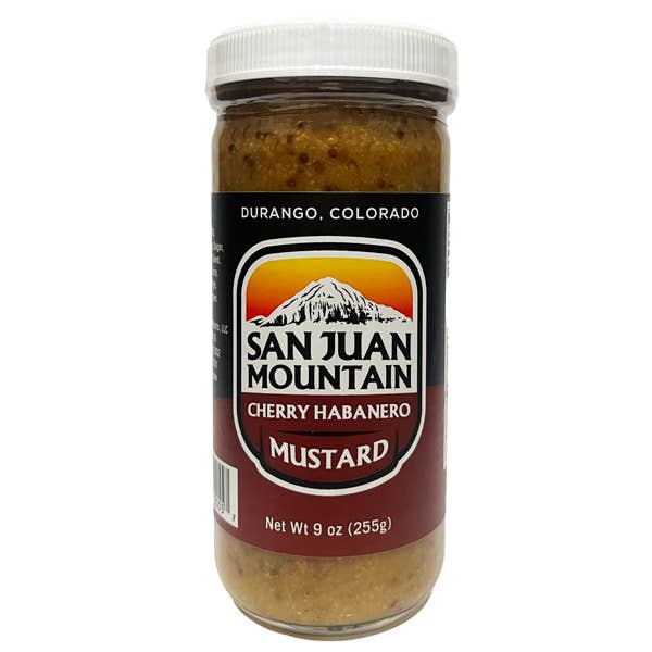Jar of San Juan Mountain Cherry Habanero Mustard on a white background