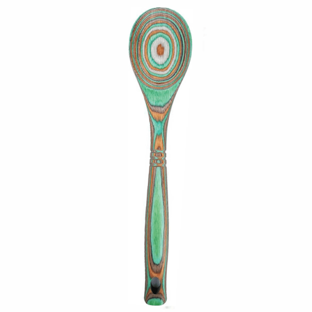 Decorative wooden spoon with a colorful handle on a white background