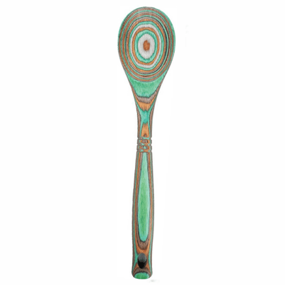 Decorative wooden spoon with a colorful handle on a white background