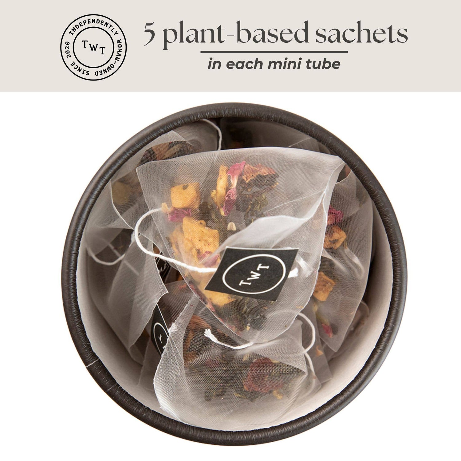 Tea bags with plant-based sachets in a container, featuring the brand &