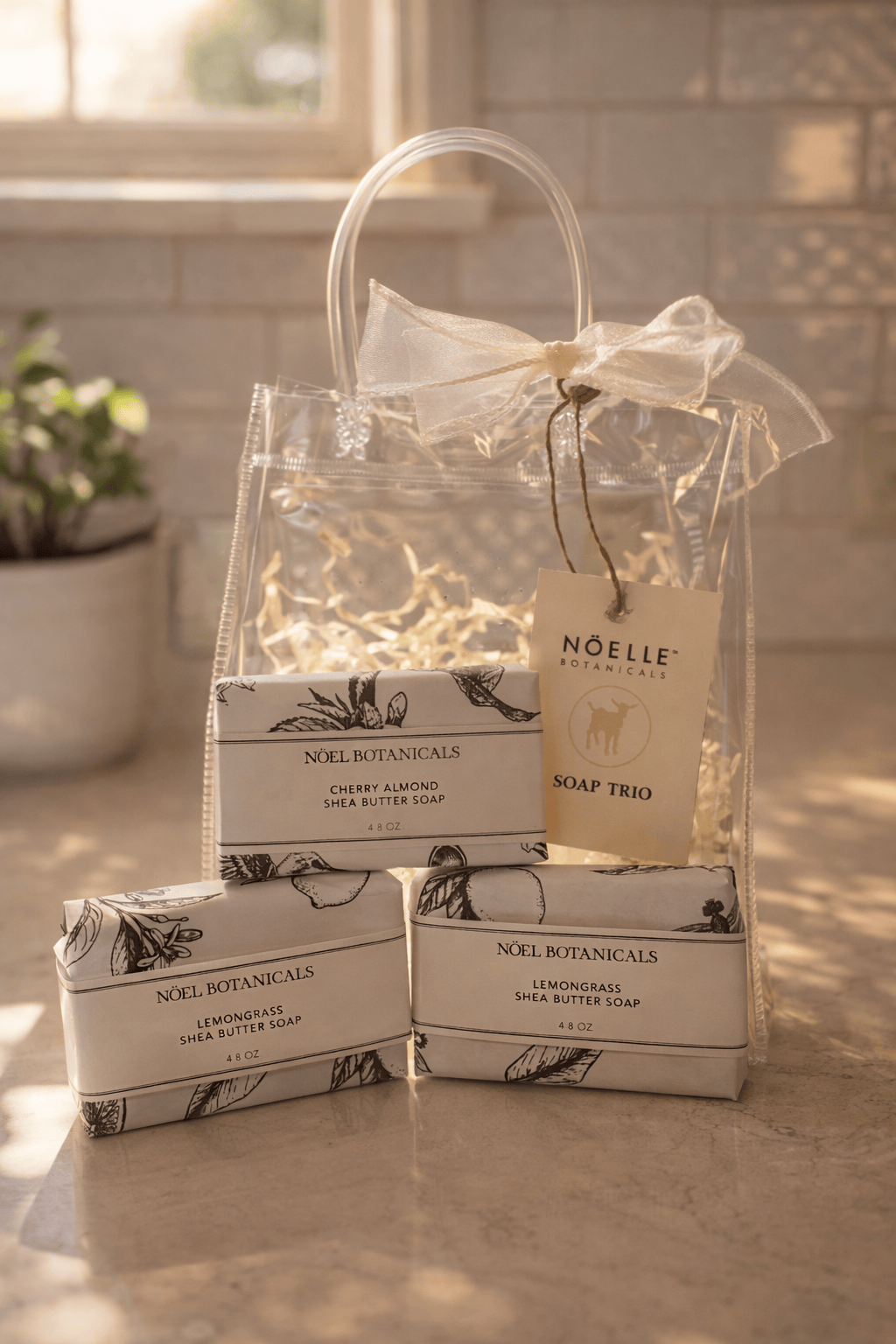 Gift set of Noelle Botanicals soap bars with a clear bag on a countertop.