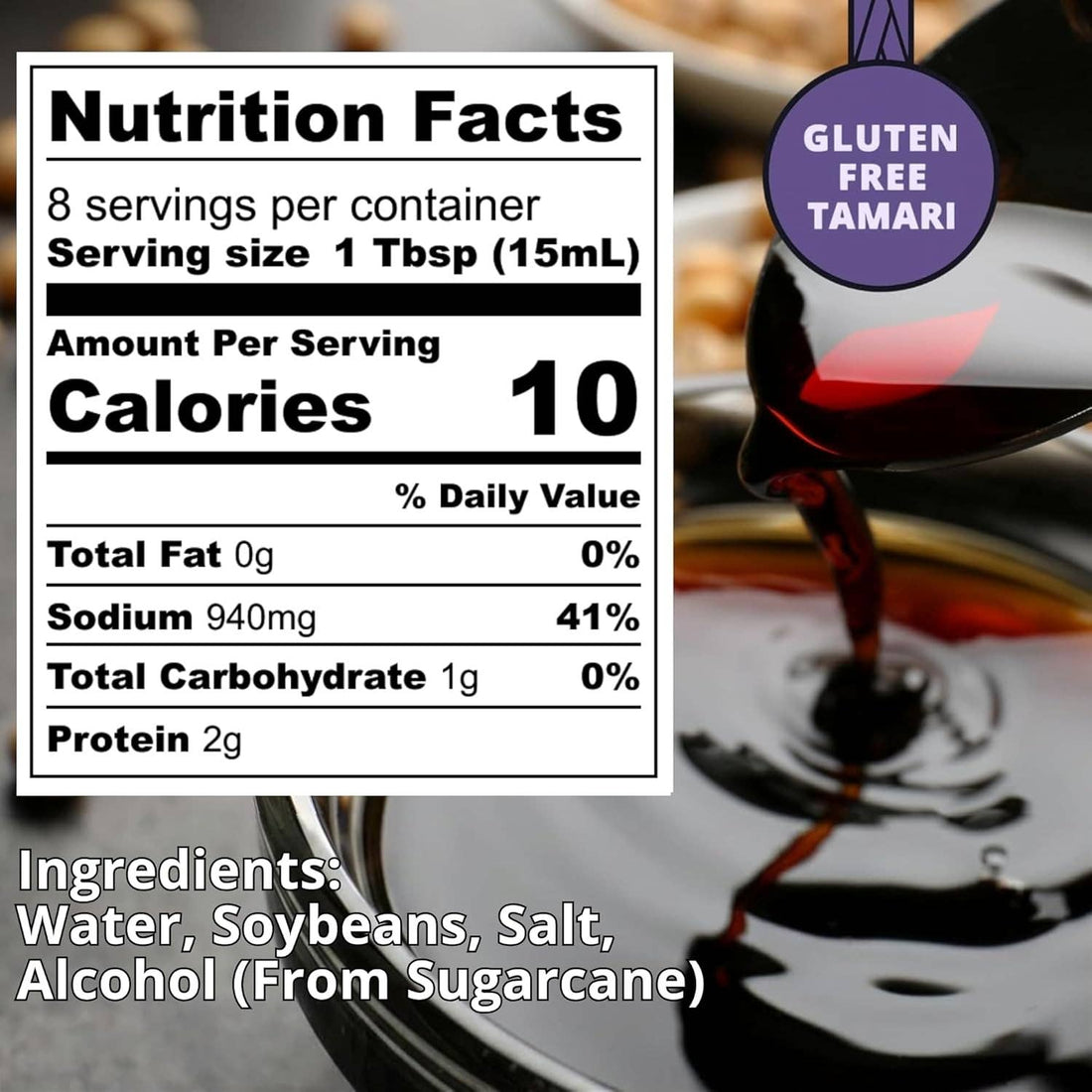 Nutrition facts label for a product with a close-up of the product in the background.