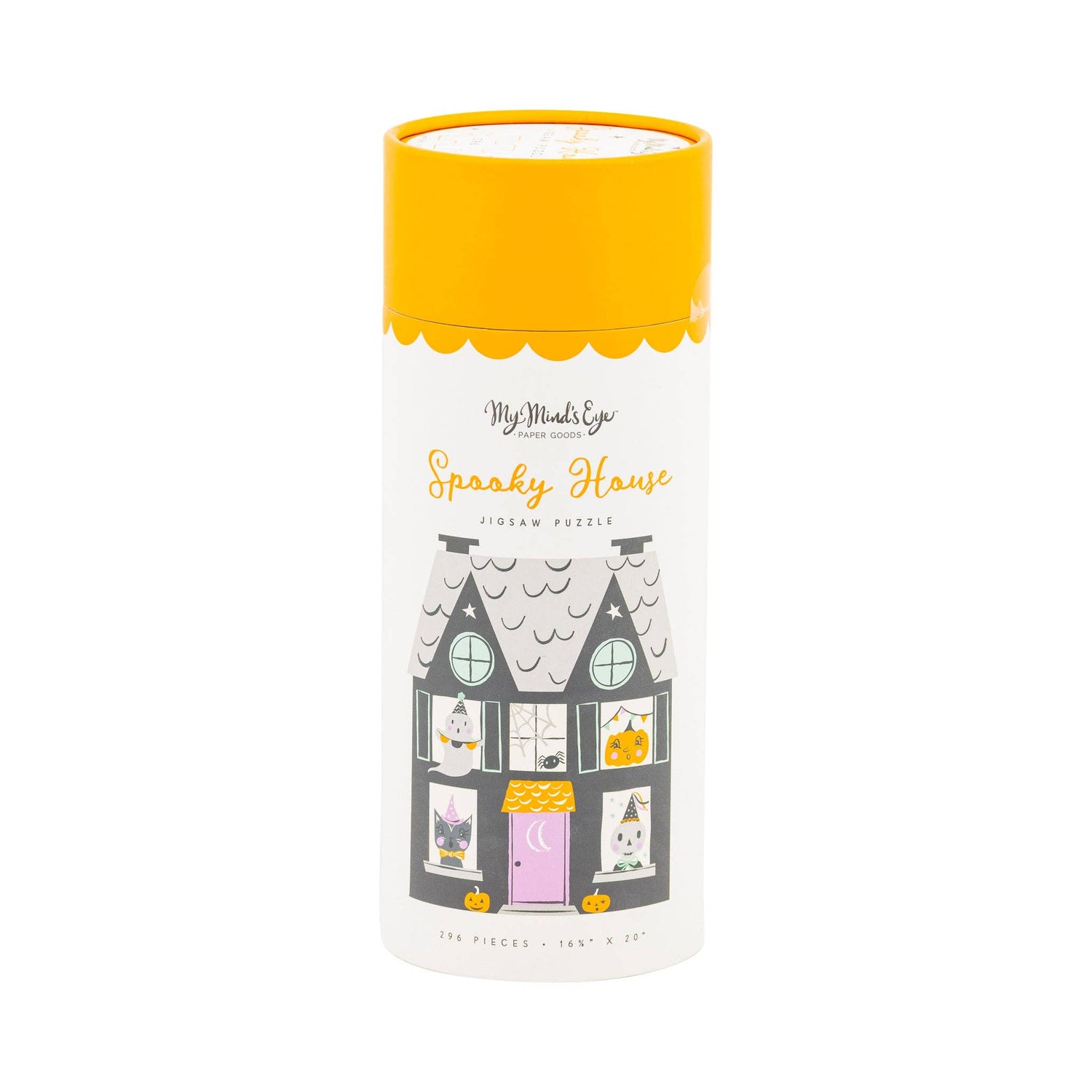Cylindrical packaging with a yellow top and white body featuring a house illustration and text.