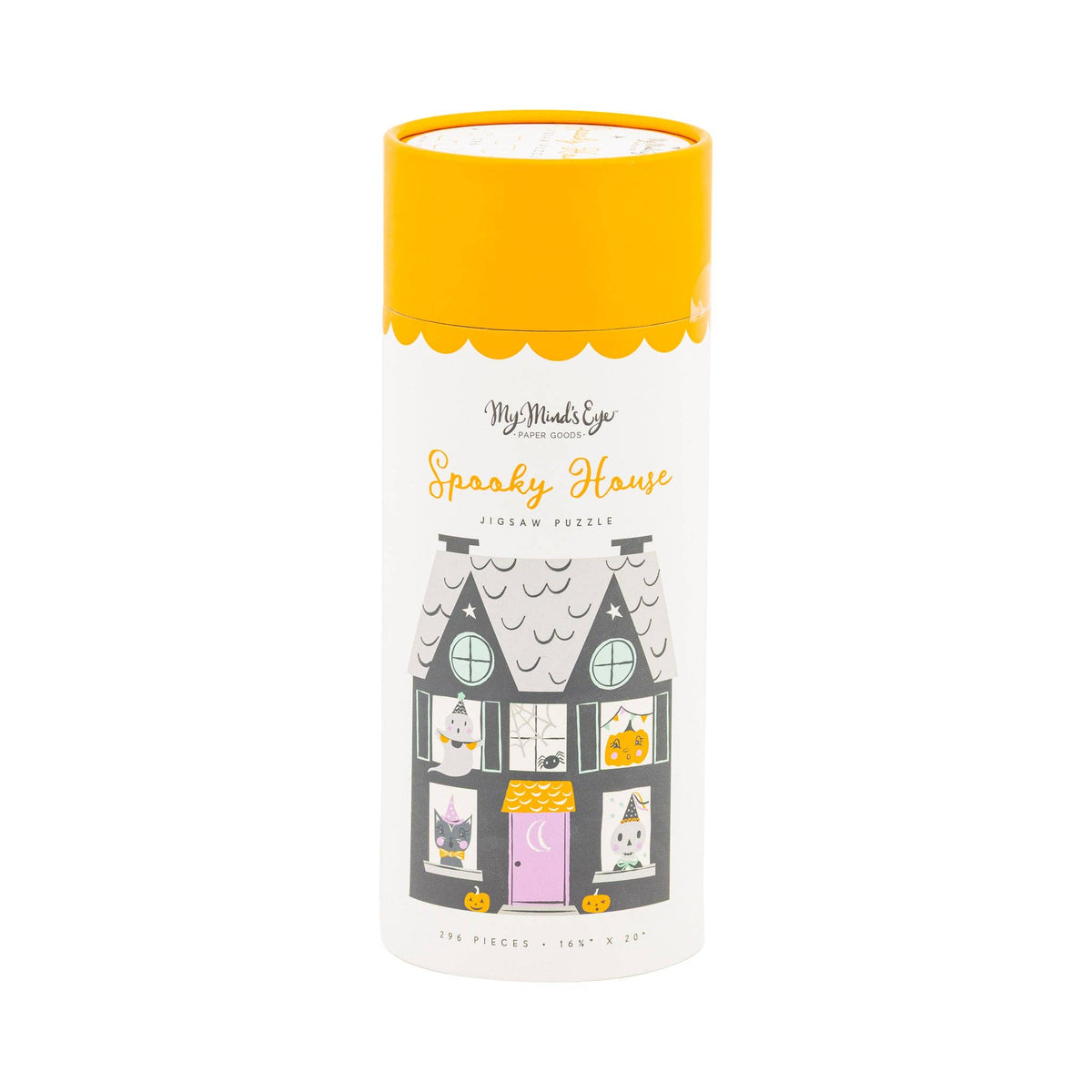 Cylindrical packaging with a yellow top and white body featuring a house illustration and text.