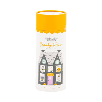 Cylindrical packaging with a yellow top and white body featuring a house illustration and text.