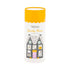Cylindrical packaging with a yellow top and white body featuring a house illustration and text.