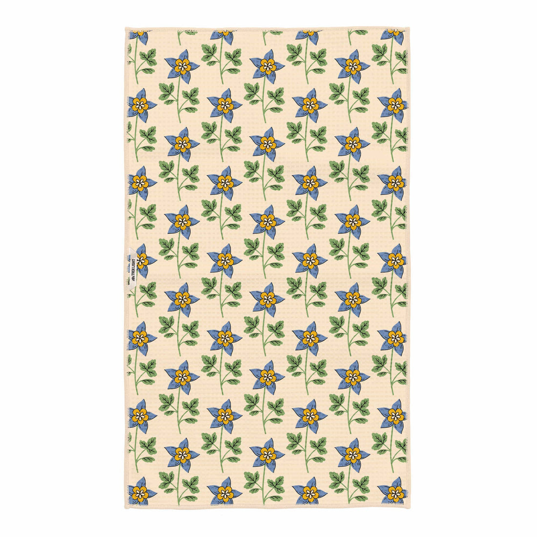 Beige fabric with blue and yellow floral pattern