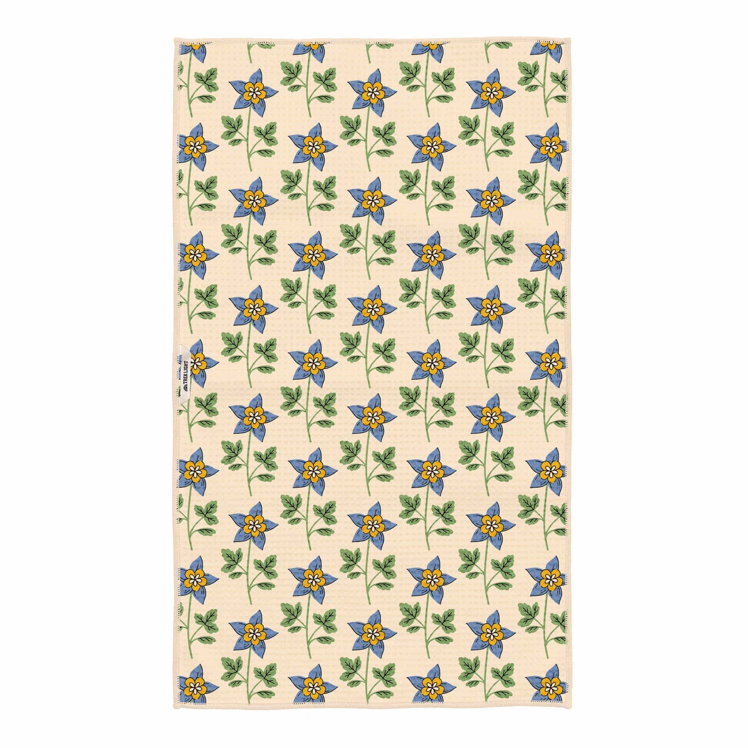 Beige fabric with blue and yellow floral pattern