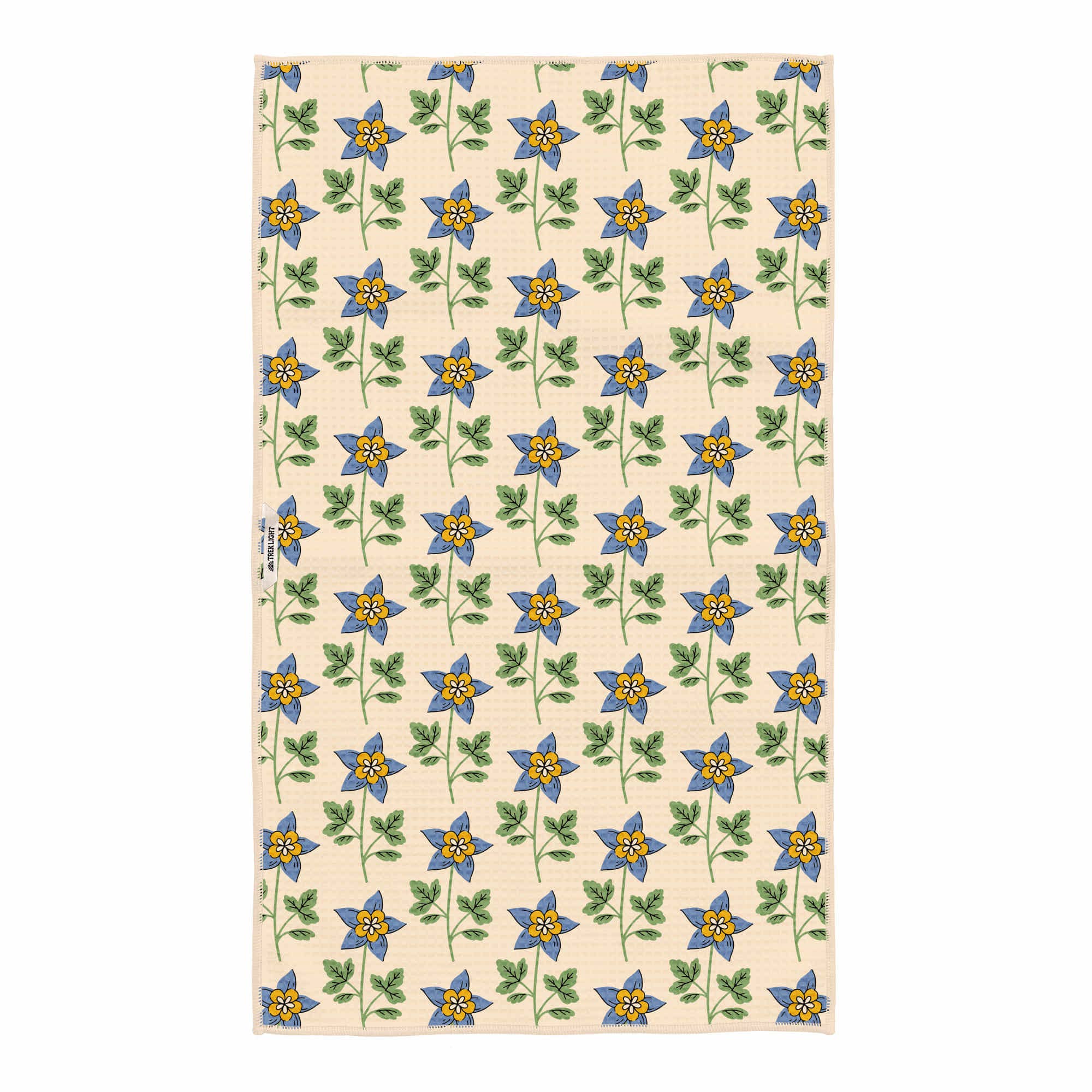 Beige fabric with blue and yellow floral pattern