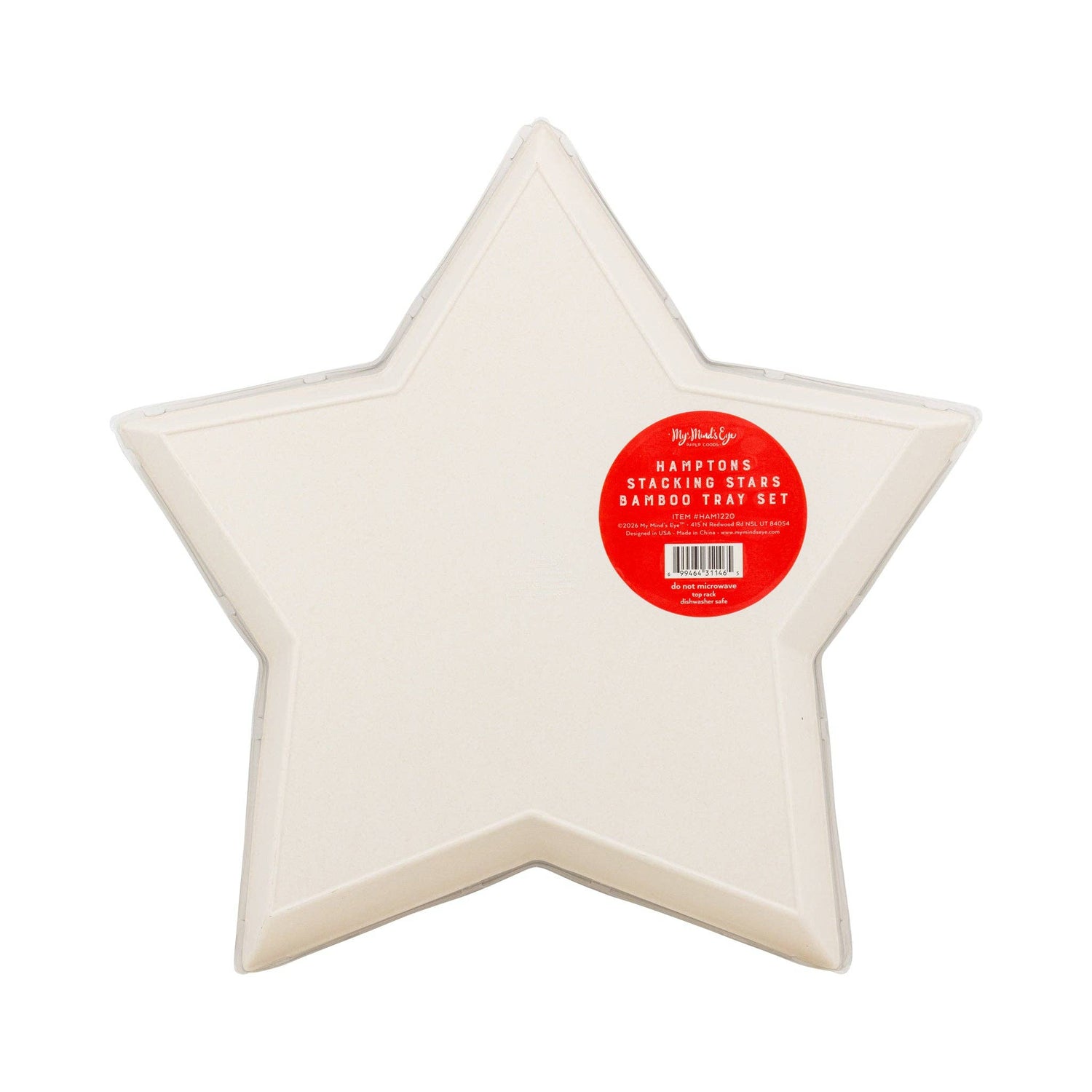 Star-shaped bamboo tray with a red label on a white background