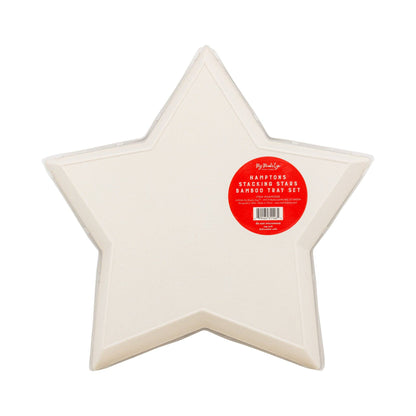 Star-shaped bamboo tray with a red label on a white background