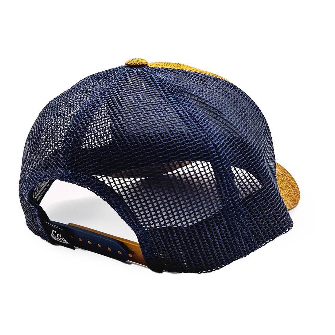 Navy blue mesh cap with yellow brim on a white background