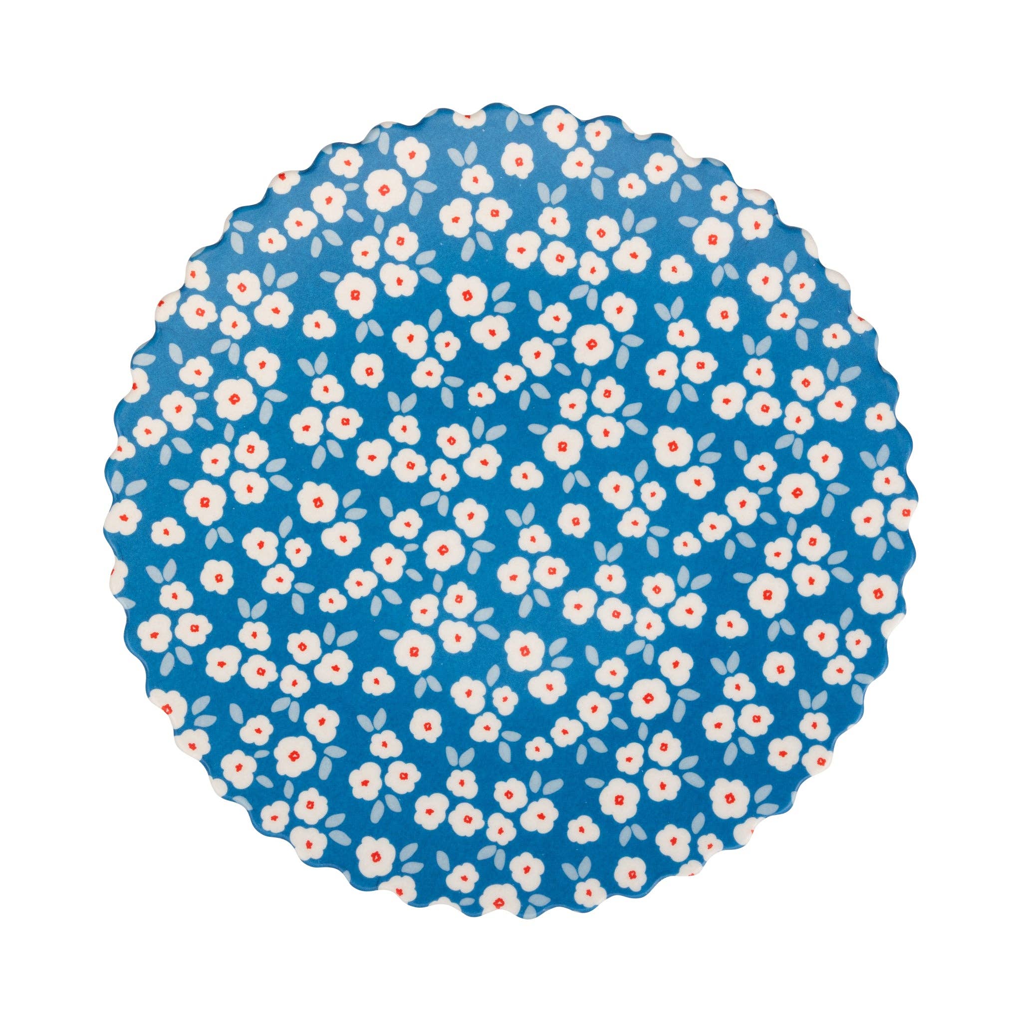 Round blue bamboo plate with small white and red floral pattern