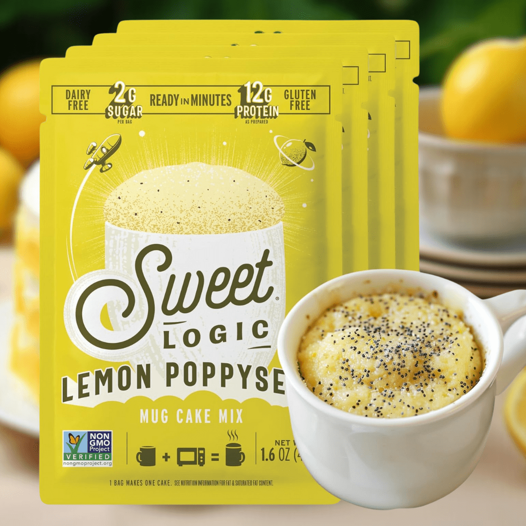 Four Sweet Logic Lemon Poppyseed Mug Cake Mix pouches fanned out behind a white mug filled with a lemon cake mix, set against a softly blurred background with lemons and a bowl.