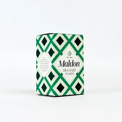 Maldon sea salt flakes packaging with green and black geometric pattern on a white background