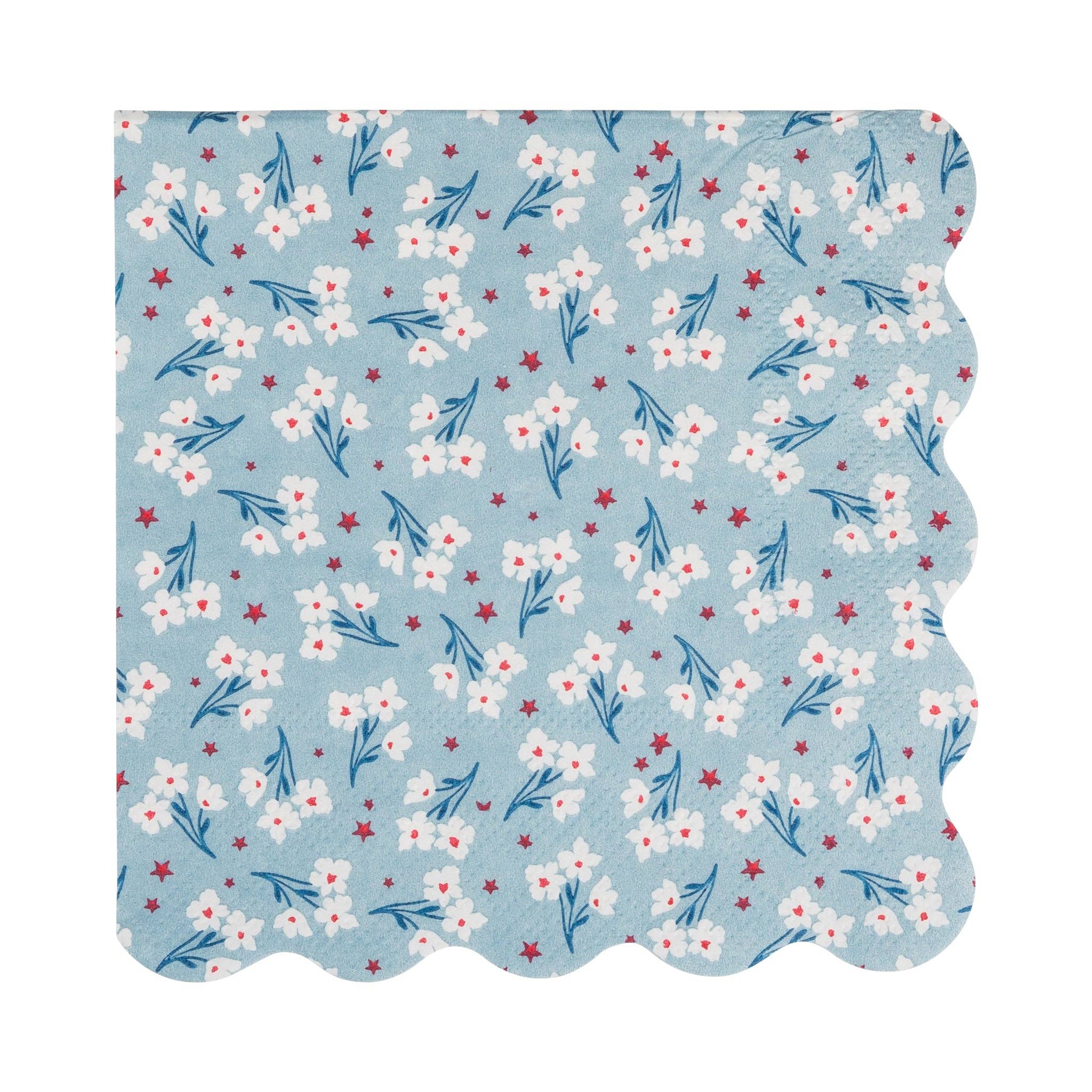 Floral patterned paper napkin with white flowers and blue leaves on a light blue background