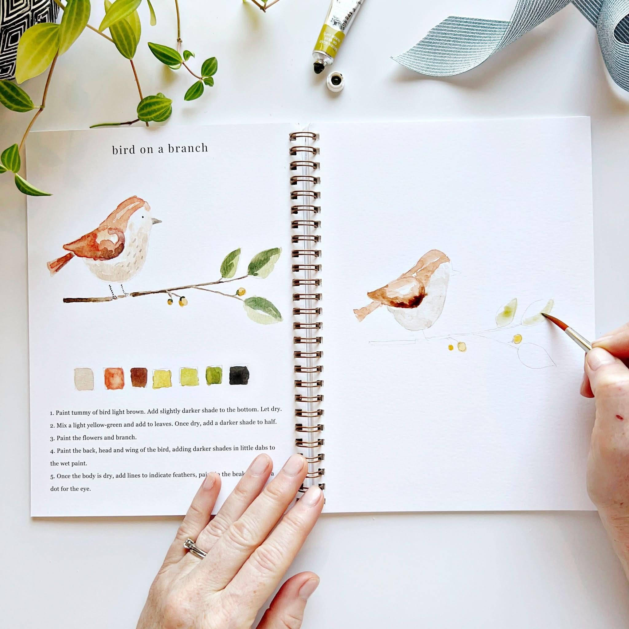 Person painting a bird on a branch with watercolors