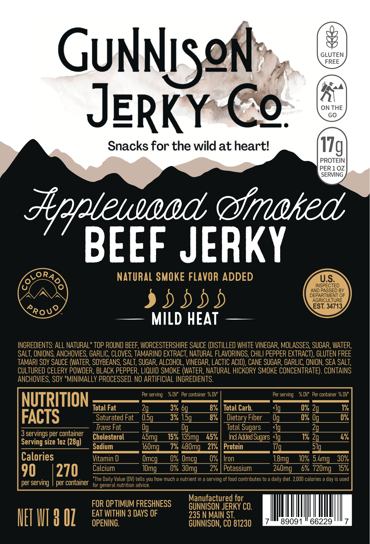 Gunnison Jerky Co. Applewood Smoked Beef Jerky packaging with nutritional information and branding details.