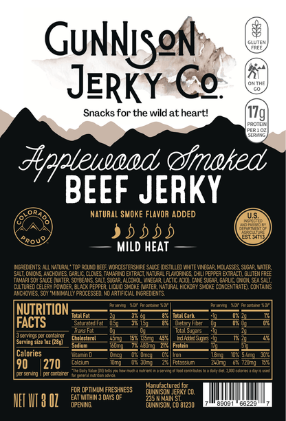 Gunnison Jerky Co. Applewood Smoked Beef Jerky packaging with nutritional information and branding details.