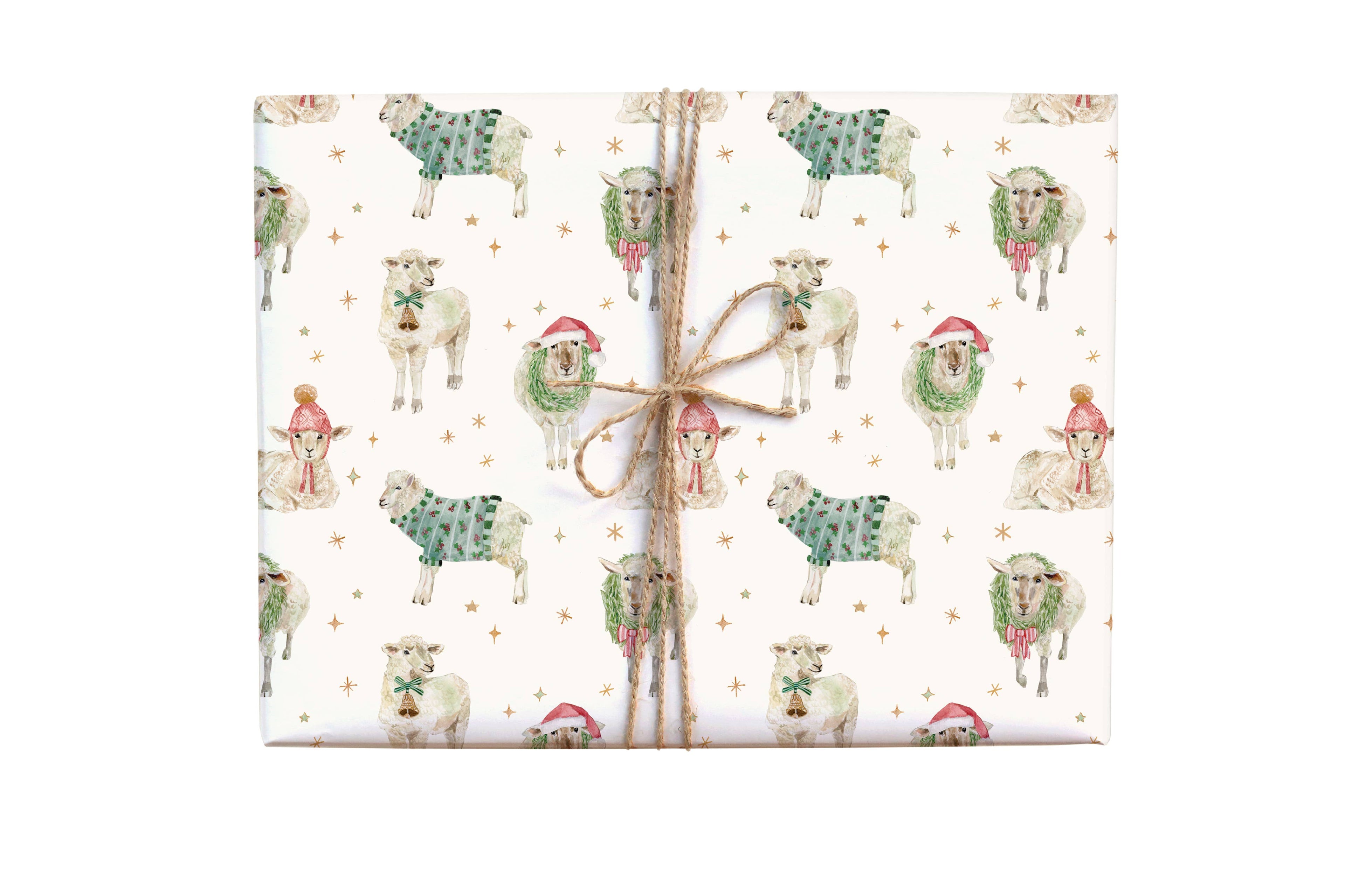 Gift wrap with Christmas-themed design of sheep and children in Santa hats on a white background
