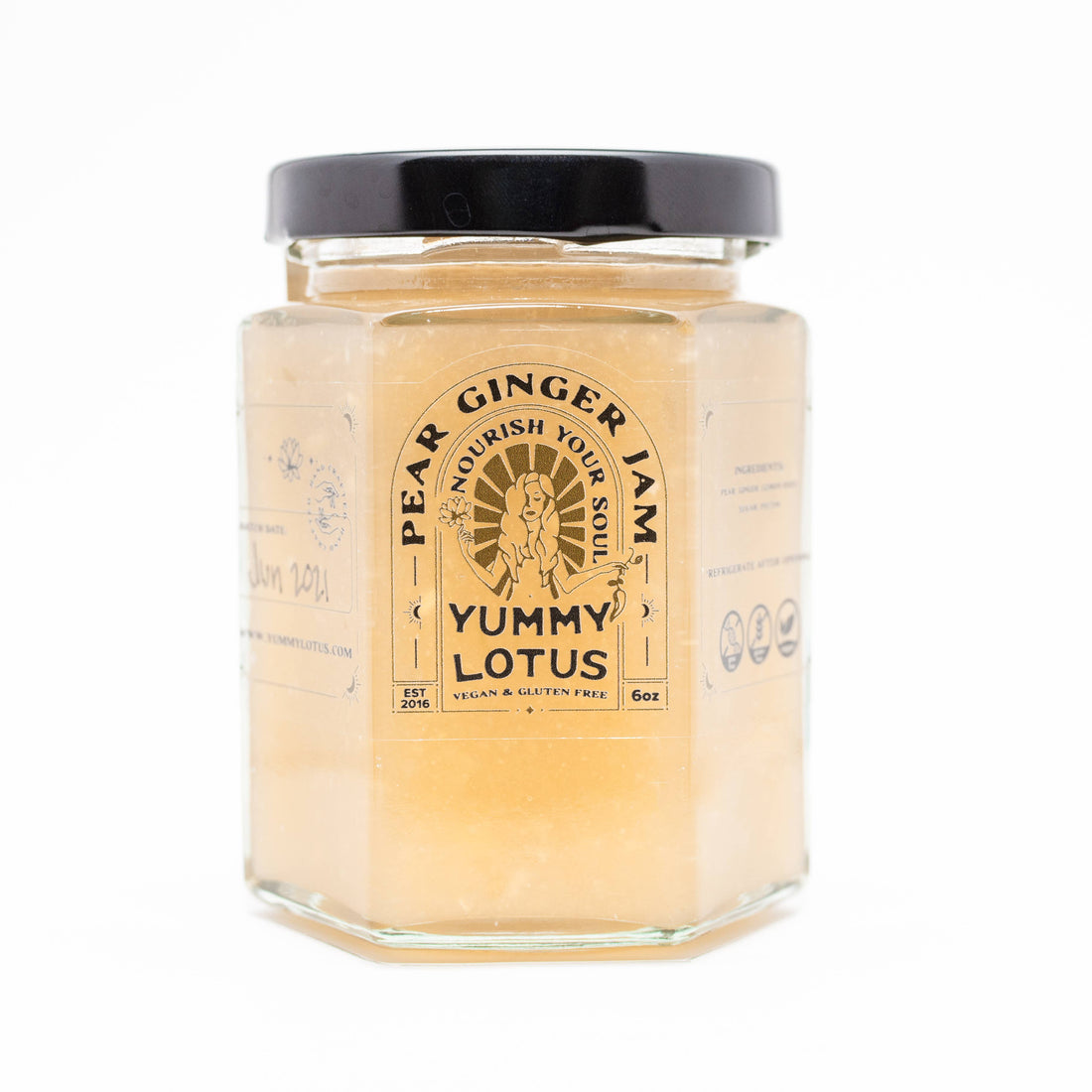Jar of Yummy Lotus pear ginger jam on a white background