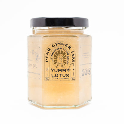 Jar of Yummy Lotus pear ginger jam on a white background