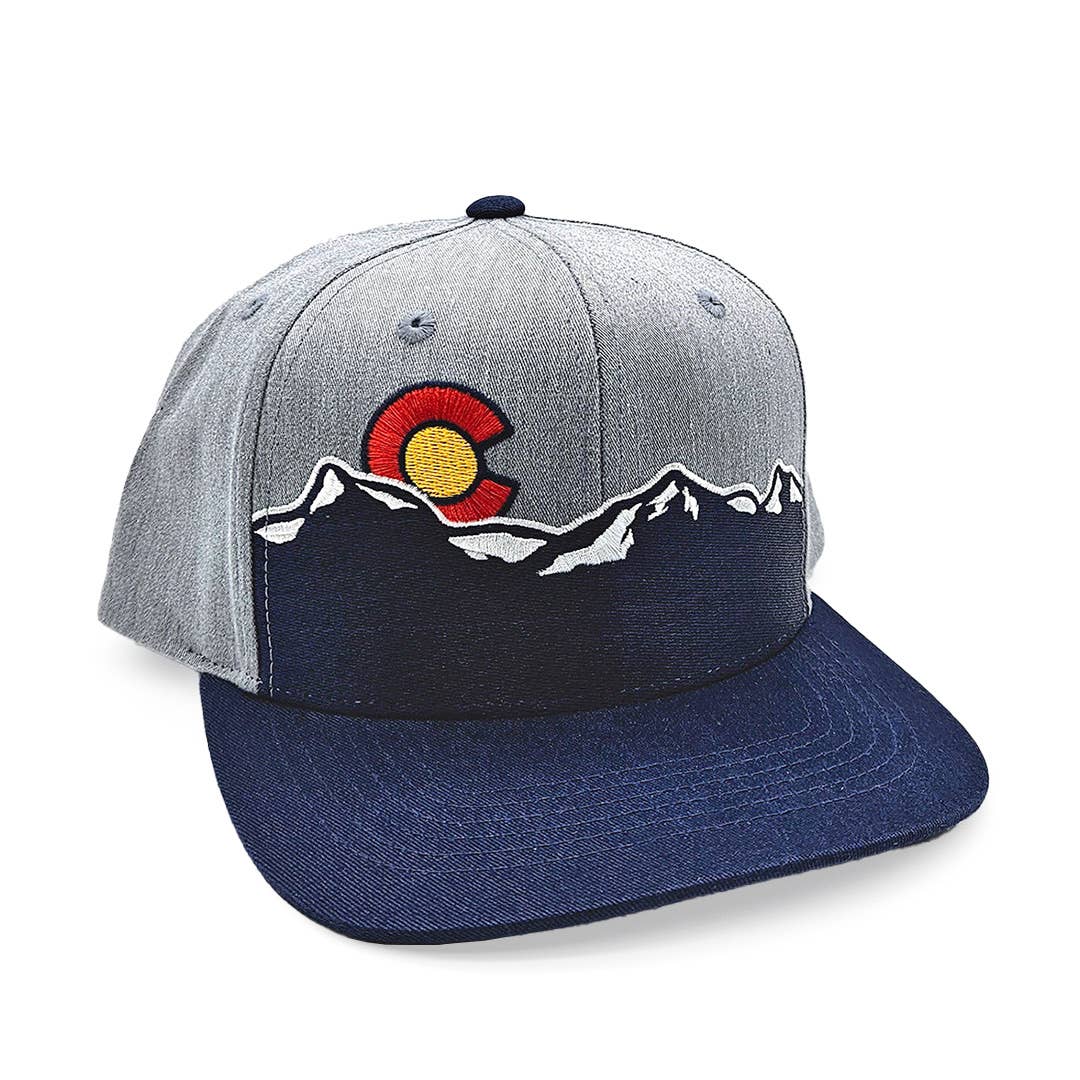 Gray and blue cap with Colorado flag design on a white background