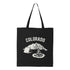 black canvas tote bag with Colorado camping scene