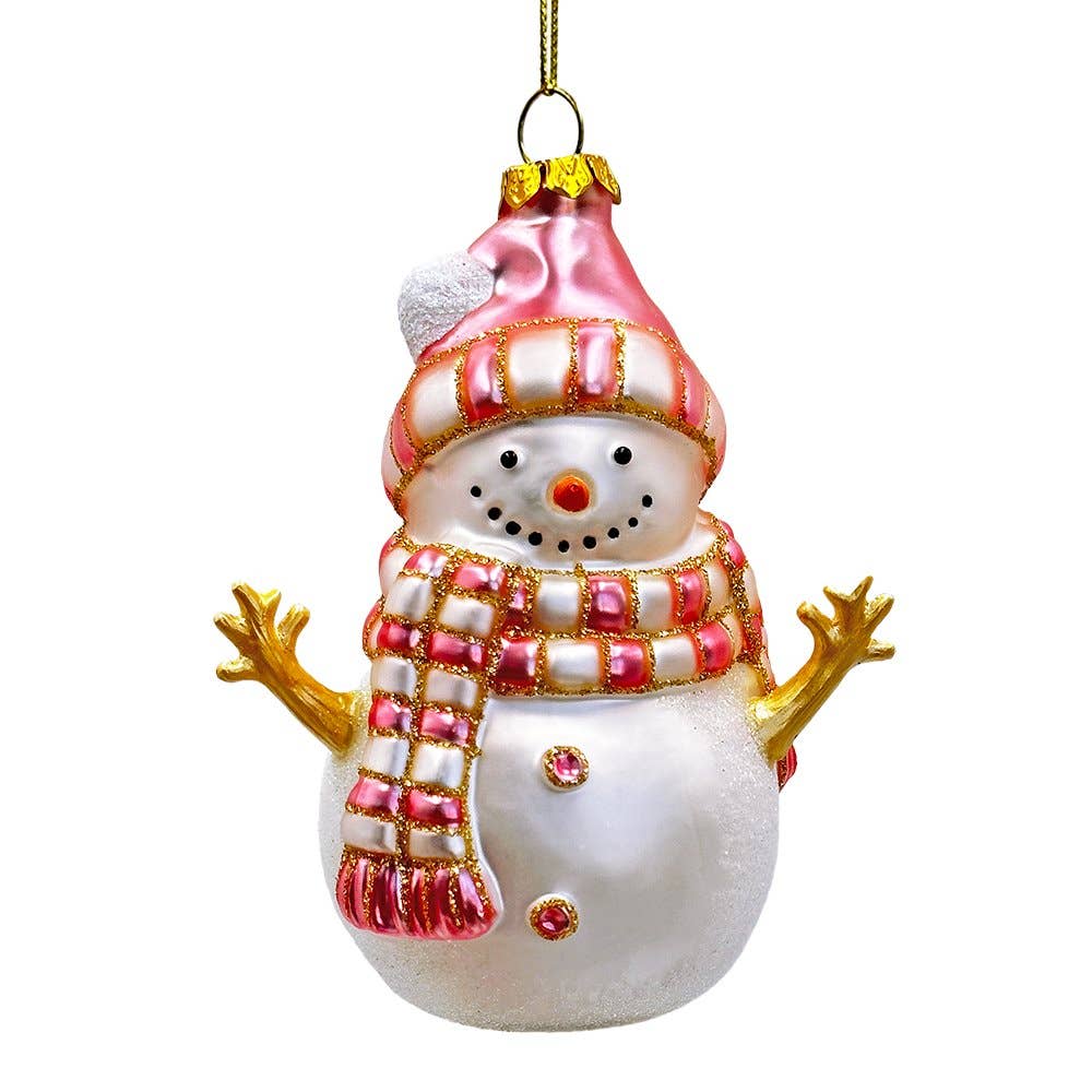 Decorative snowman ornament with pink hat and scarf on a white background