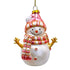 Decorative snowman ornament with pink hat and scarf on a white background