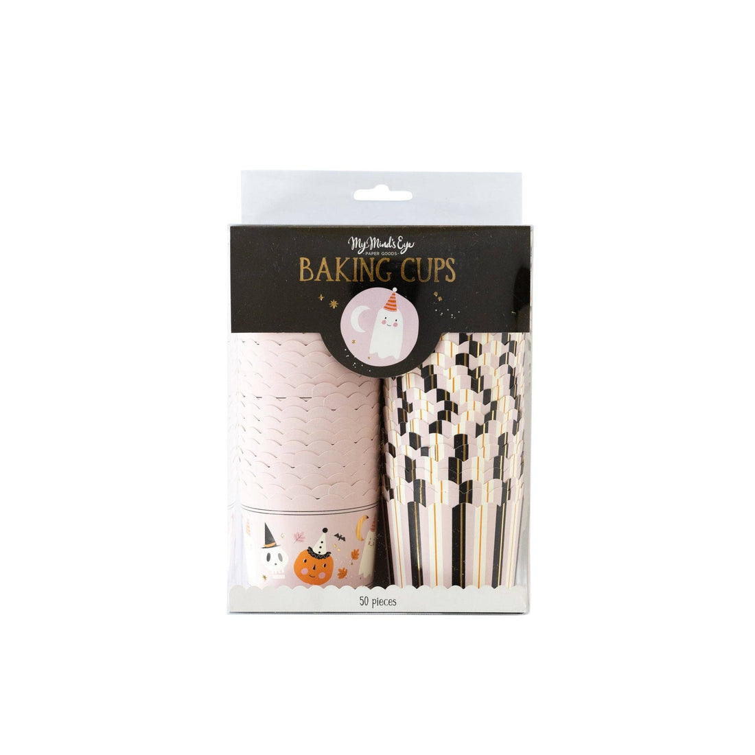 A package of Baking Cups, featuring light pink paper cups with a ghost and pumpkin pattern and black-and-white striped pattern, in retail packaging.