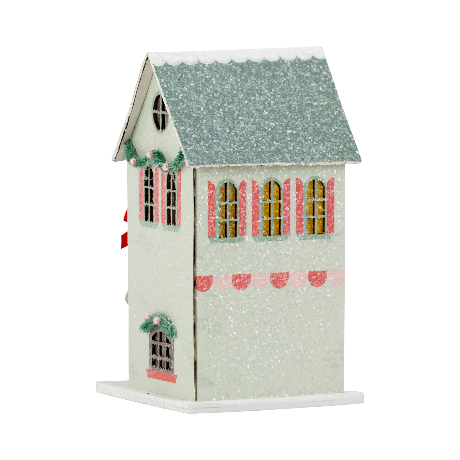 Decorative birdhouse with a snowy roof on a white background