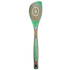 Decorative wooden spoon with a green handle and circular pattern on a white background