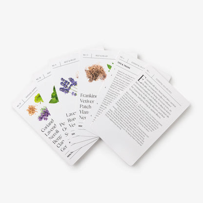 Floral and botanical product packaging with text on a white background