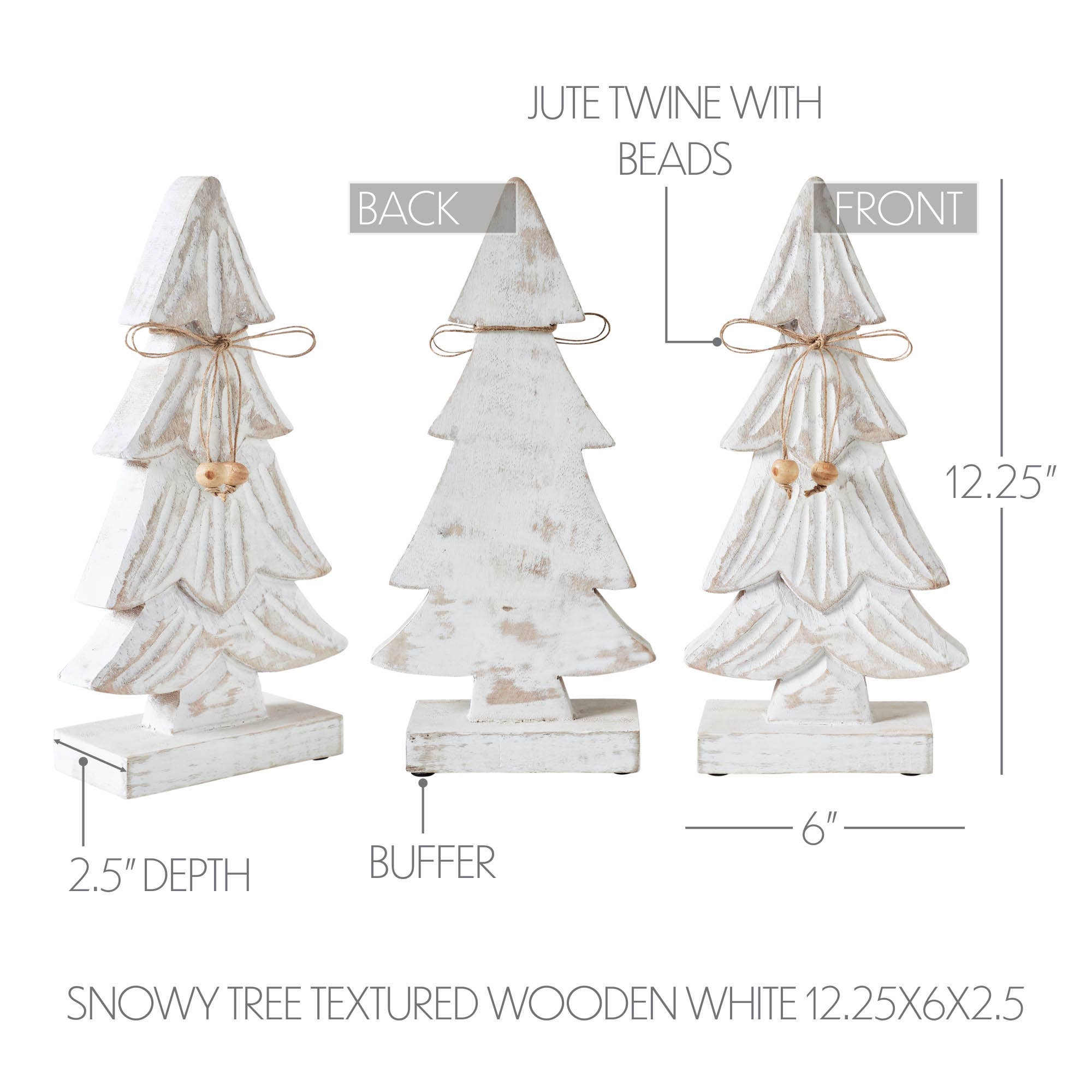 Textured wooden white snowy tree with jute twine and beads, showing measurements and details.