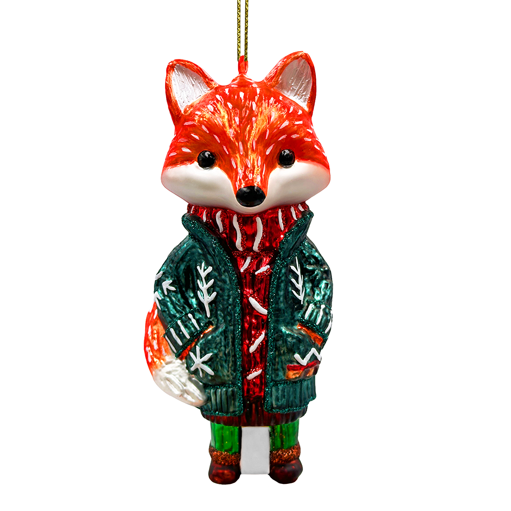 Fox ornament wearing a sweater on a white background