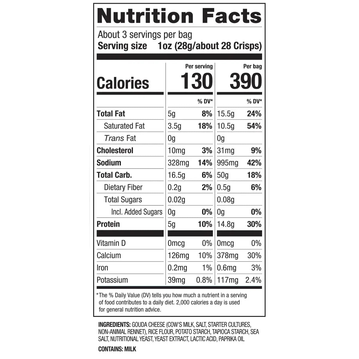 Nutrition facts label for a product with serving size and calories listed