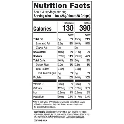 Nutrition facts label for a product with serving size and calories listed