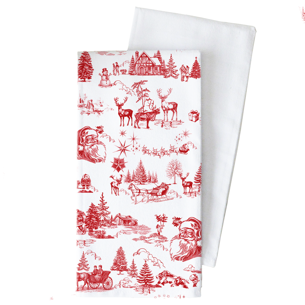 A white fabric tea towel with a red Christmas toile pattern, shown folded with a second plain white towel behind it on a white background.