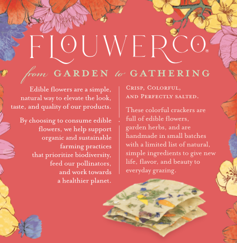 Flowerco product packaging with colorful flowers and text on a red background