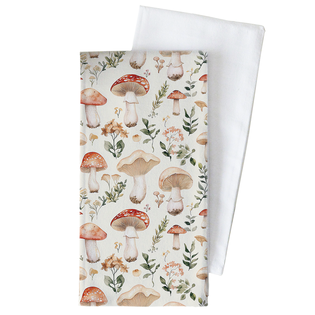 Towel with mushroom and floral pattern on a white background