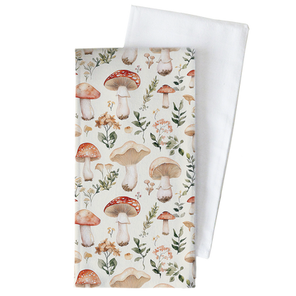 Towel with mushroom and floral pattern on a white background