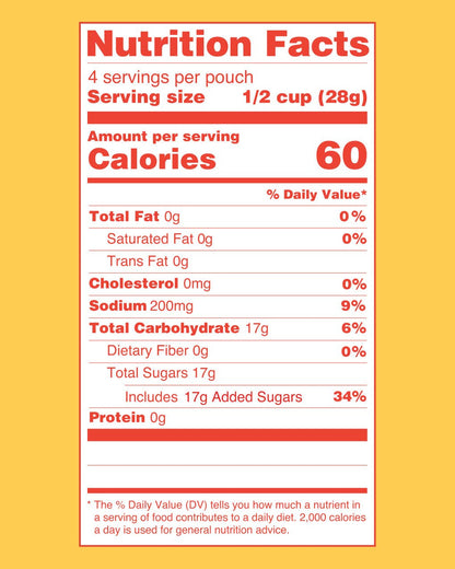 A Nutrition Facts label for a pouch, shown centered on a solid yellow background. The label is white with red text and border, indicating 4 servings per pouch, 1/2 cup serving size, and 60 calories per serving.