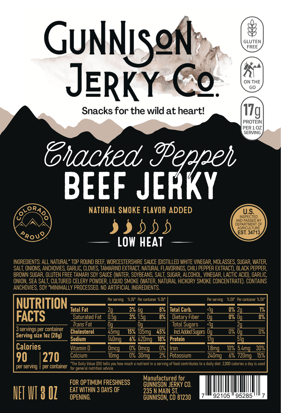 Gunnison Jerky Co. Cracked Pepper Beef Jerky packaging with nutritional information and branding details.